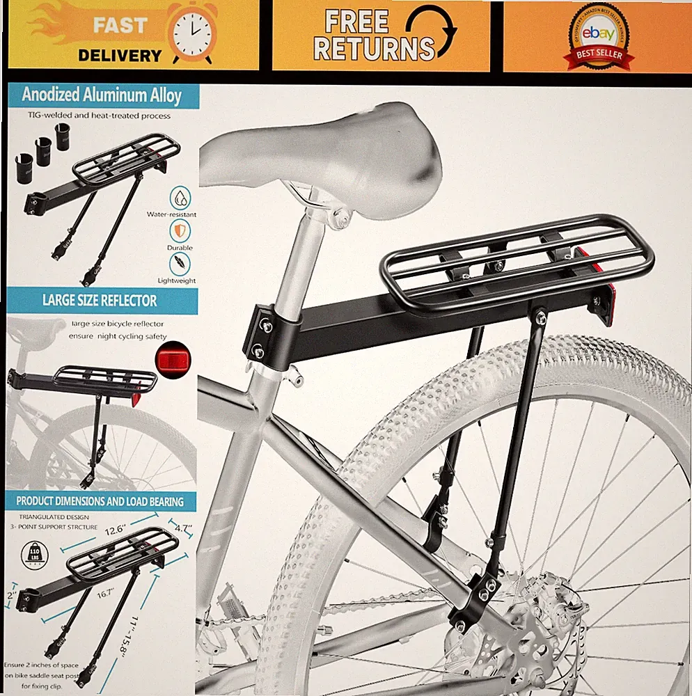 Large Aluminum Alloy Rear Bike Cargo Rack - Reflective, Full Enclosed, Universal