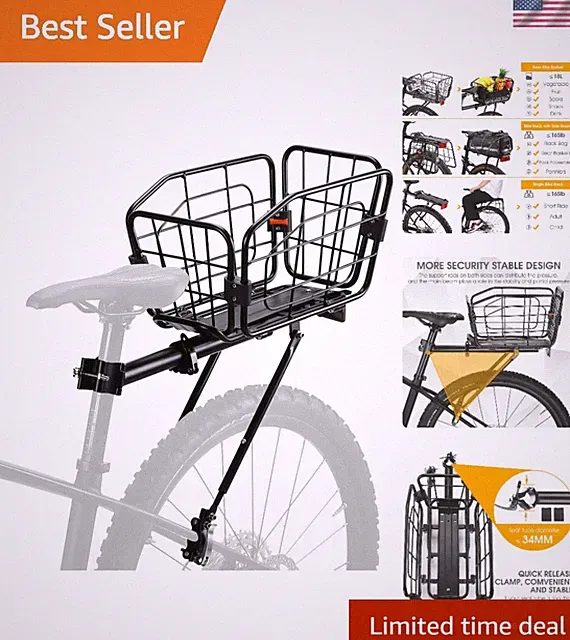 Rear Bike Rack with Basket, 165 LB Load - Aluminum Alloy Cargo Rack for Back...